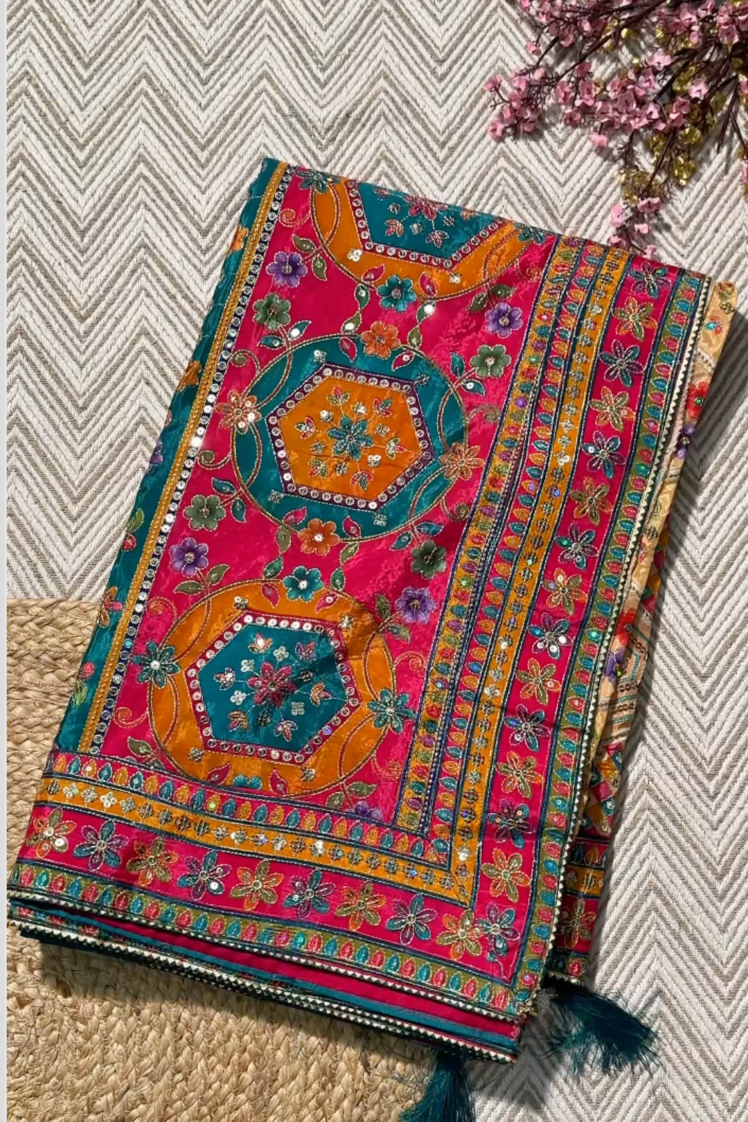 Multicolour Digital Printed Silk Ready Made Saree Embellished With Zari & Sequins Work