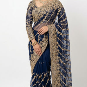 Midnight Blue Net Saree with Cutdana, Moti & Sequins Work