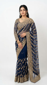 Midnight Blue Net Saree with Cutdana, Moti & Sequins Work