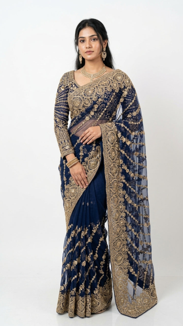 Midnight Blue Net Saree with Cutdana, Moti & Sequins Work
