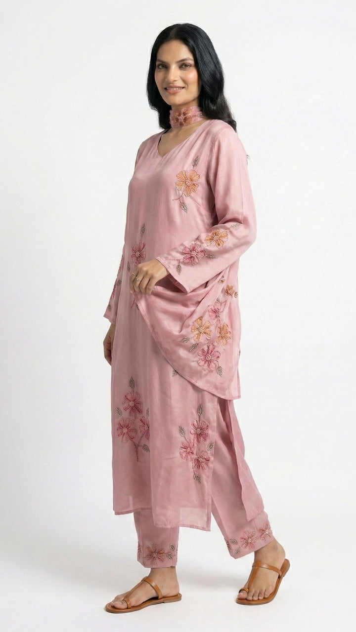 Pink Chinon Suit with Sequins, Hand Print, Cutdana & Stone Detailing