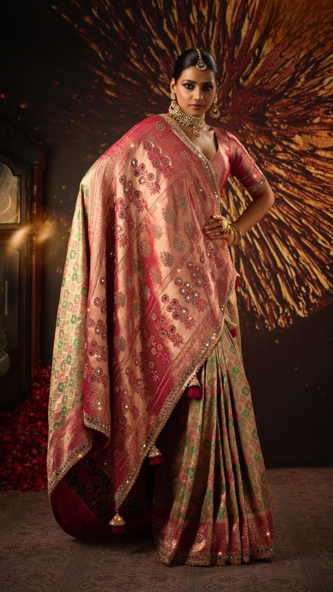 Pink and Beige Kanjivaram Silk Saree with Zarkan and Mirror Work