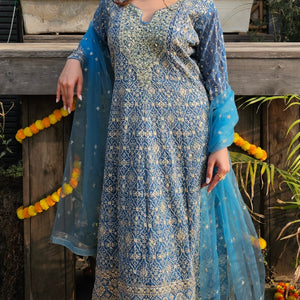 Blue Georgette Indo-Western with Zari, Sequin, Stone & Mirror Work