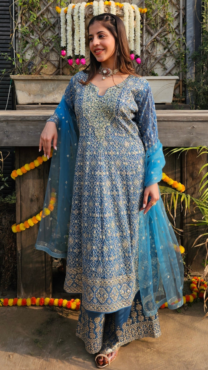 Blue Georgette Indo-Western with Zari, Sequin, Stone & Mirror Work