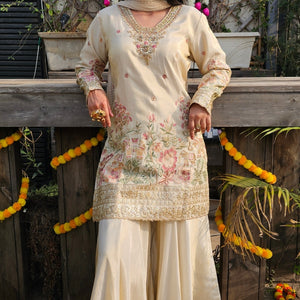 Cream Tissue Indo-Western with Dabka, Cutdana, Zari, Sequin & Resham Work