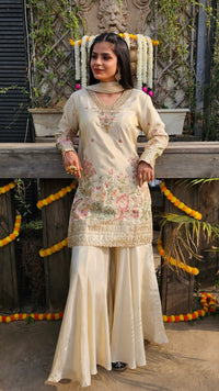 Cream Tissue Indo-Western with Dabka, Cutdana, Zari, Sequin & Resham Work