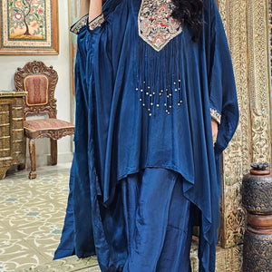 Blue Silk Indowestern Kaaftan and Bottom with Resham Thread and Dabka Work