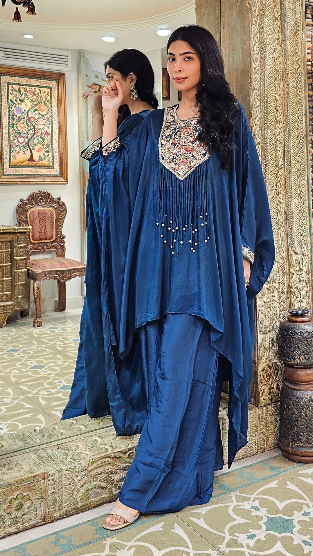 Blue Silk Indowestern Kaaftan and Bottom with Resham Thread and Dabka Work