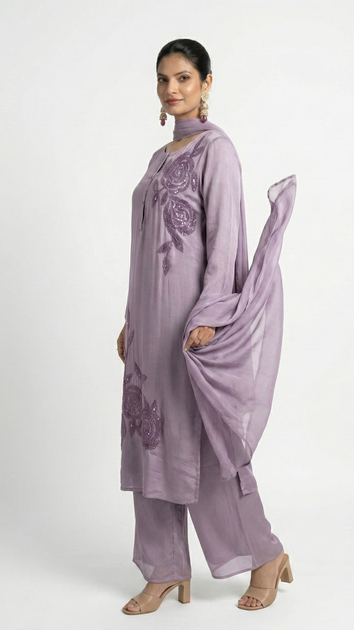 Lavender Chinon Suit Embellished with Cutdana Detailing