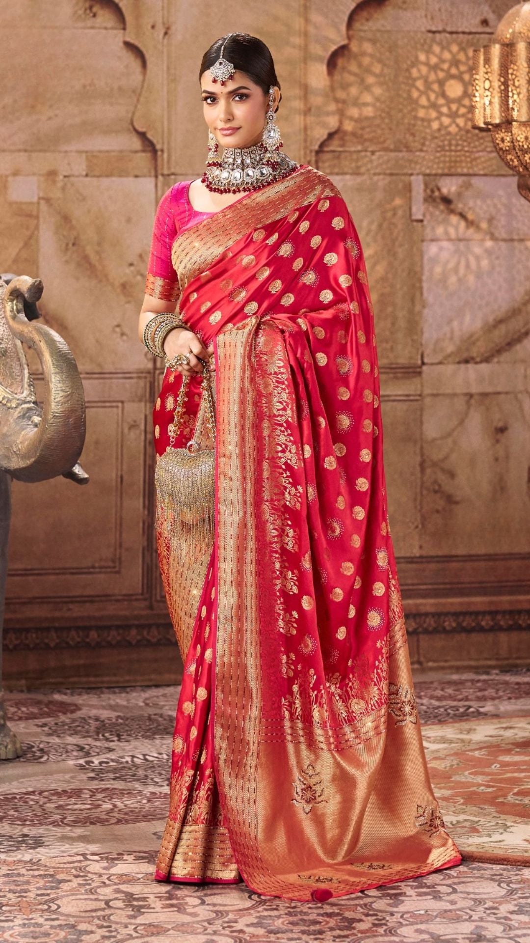 Red Satin Embroidered Saree With Rani Blouse