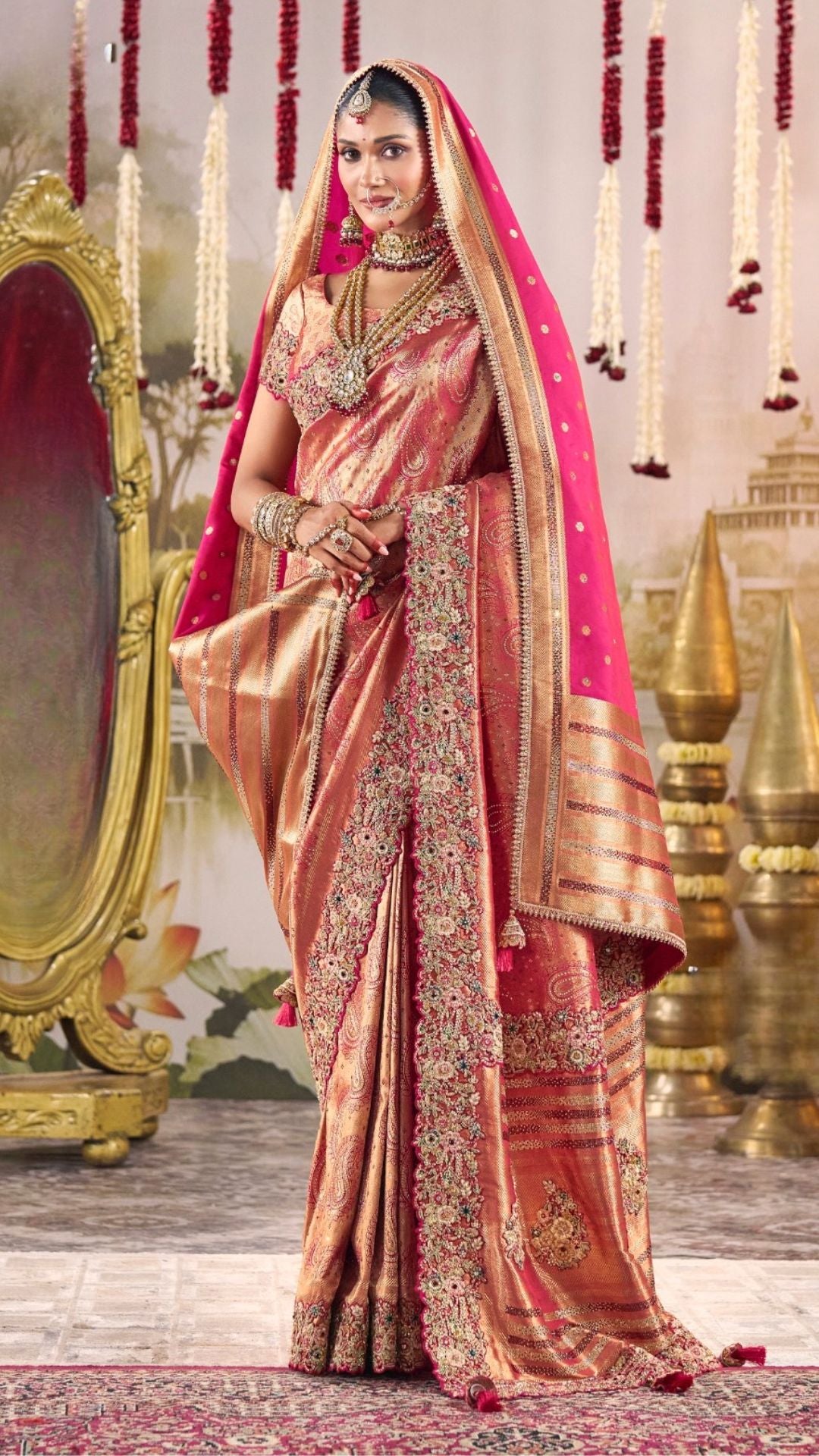 Rani Pink Silk Embroidered Saree With Dupatta