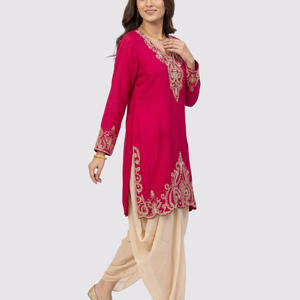 Red Chinon Dhoti Suit Set with Cutdana, Sequins, Pearl and Dabka Embroidery