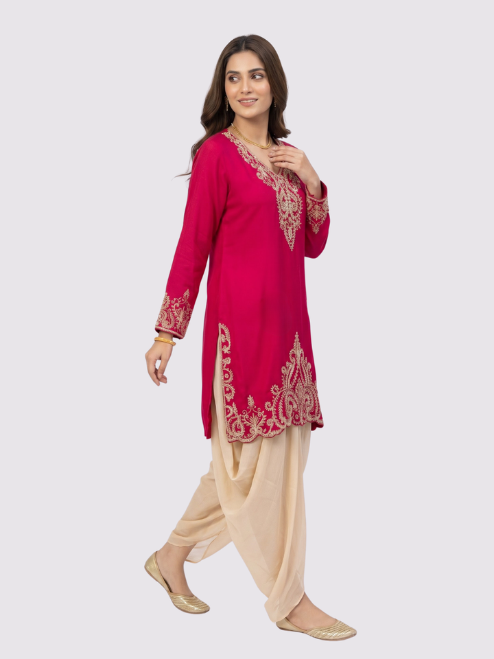 Red Chinon Dhoti Suit Set with Cutdana, Sequins, Pearl and Dabka Embroidery