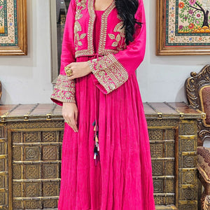 Pink Silk Indowestern Embroidered Jacket with Georgette Top and Bottom