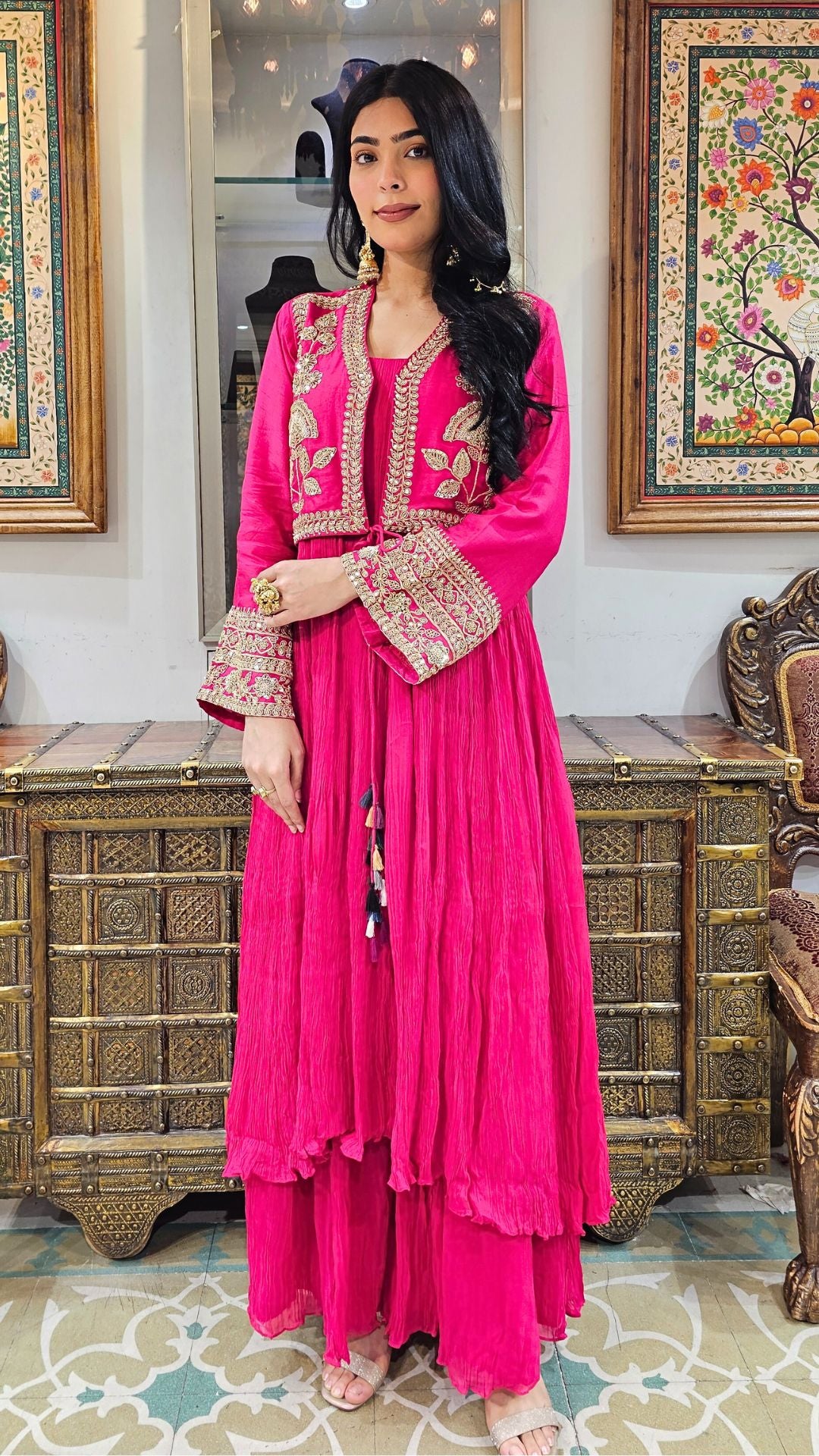 Pink Silk Indowestern Embroidered Jacket with Georgette Top and Bottom