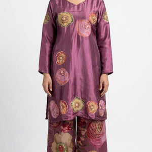 Wine Satin Crepe Suit with Zari, Sequins, Stone, Hand Print & Cutdana Detailing