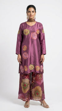 Wine Satin Crepe Suit with Zari, Sequins, Stone, Hand Print & Cutdana Detailing