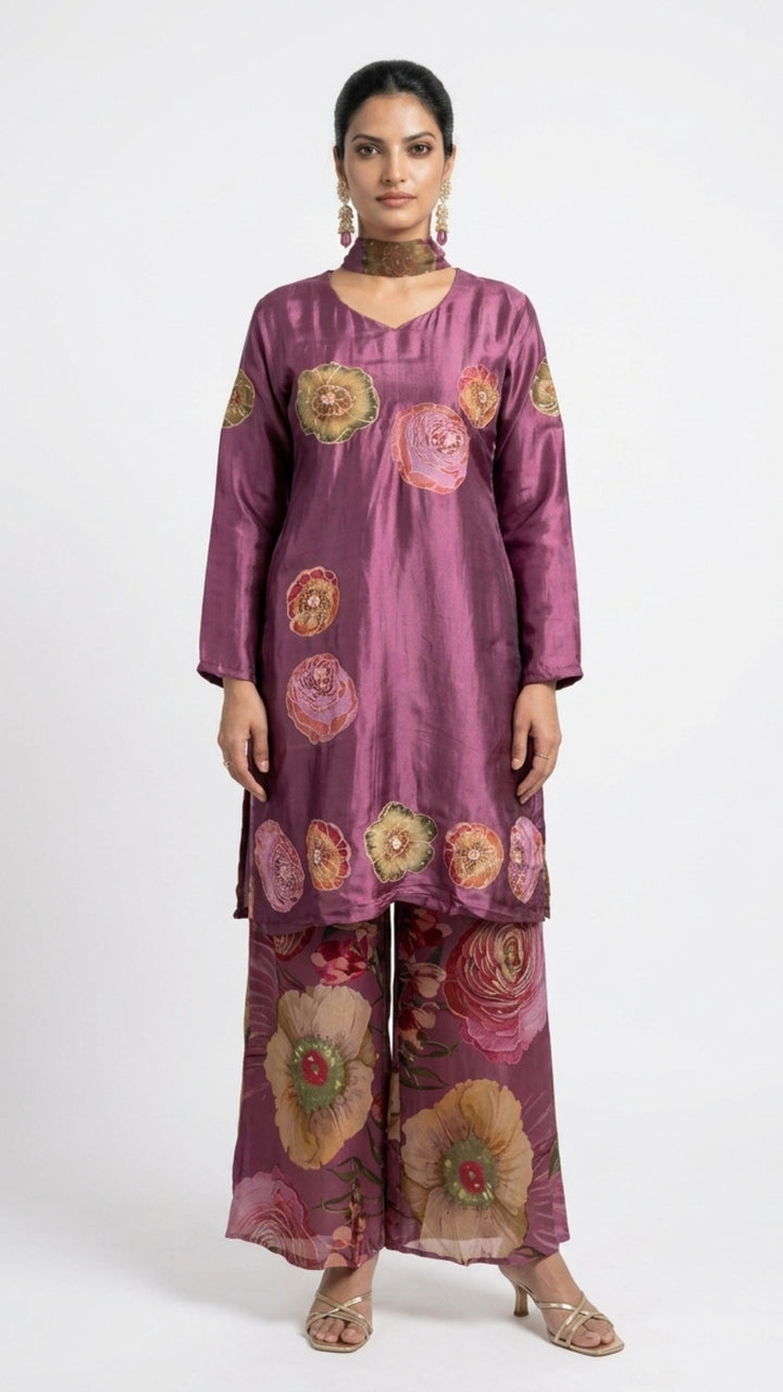 Wine Satin Crepe Suit with Zari, Sequins, Stone, Hand Print & Cutdana Detailing