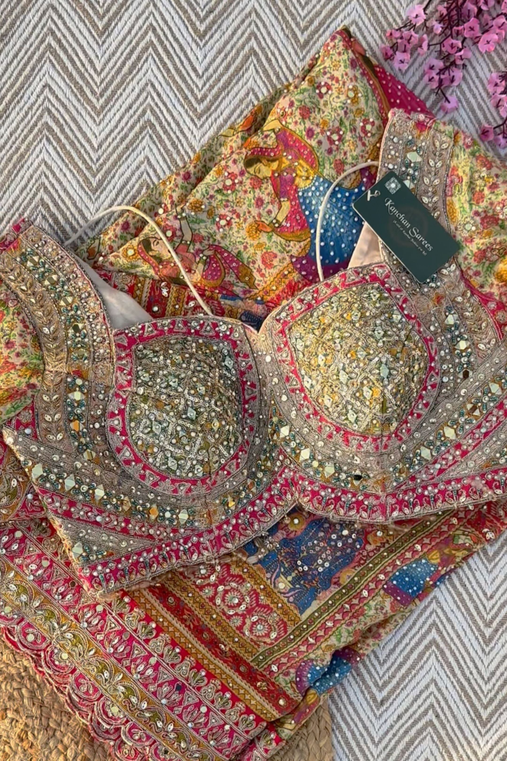 Multicolour Tissue Saree Embellished With Kundan, Sequins & Cut Dana Work