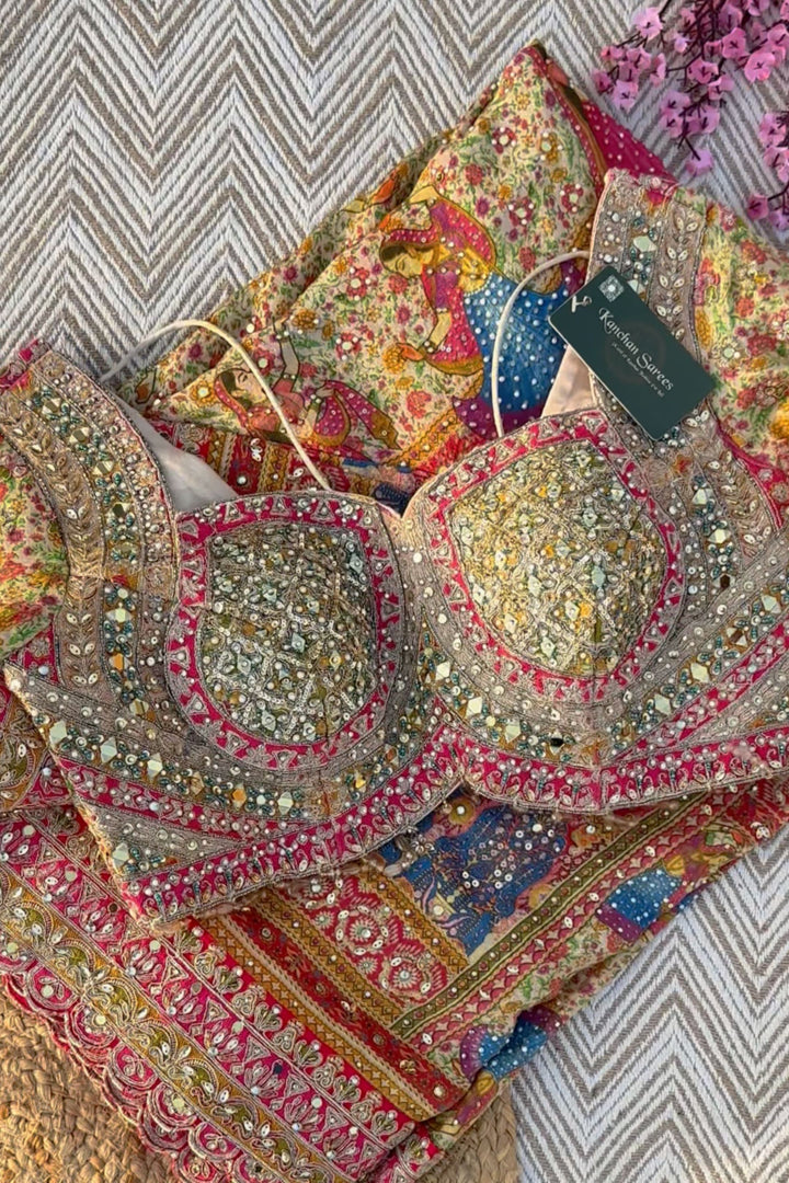 Multicolour Tissue Saree Embellished With Kundan, Sequins & Cut Dana Work