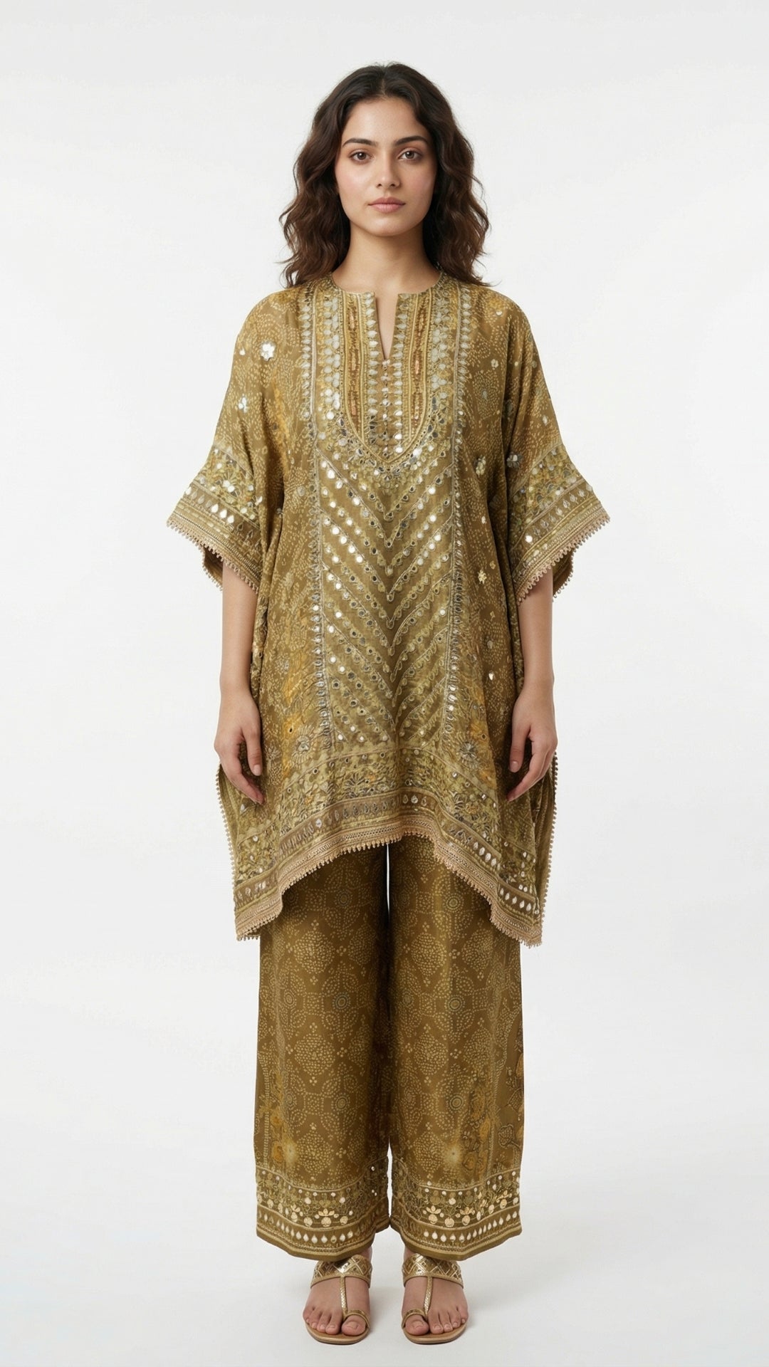 Antique Gold Tissue Kaftan Coord Set with Gota Patti, Digital Print & Sequin Detailing