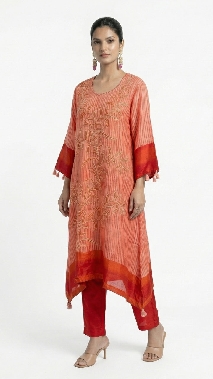 Red Cotton Silk Coord Set with Sequins & Thread work Detailing