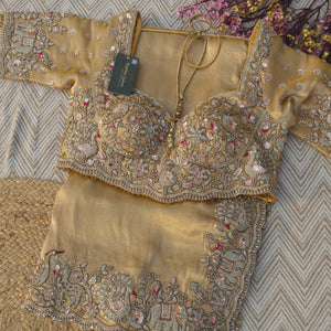 Golden Tissue Saree Embellished With Moti, Zari, Sequins & Cut Dana Work