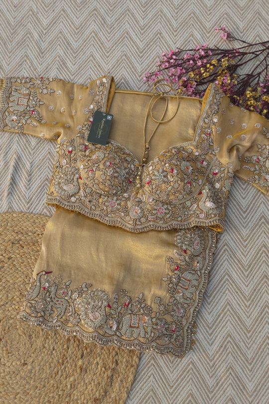 Golden Tissue Saree Embellished With Moti, Zari, Sequins & Cut Dana Work