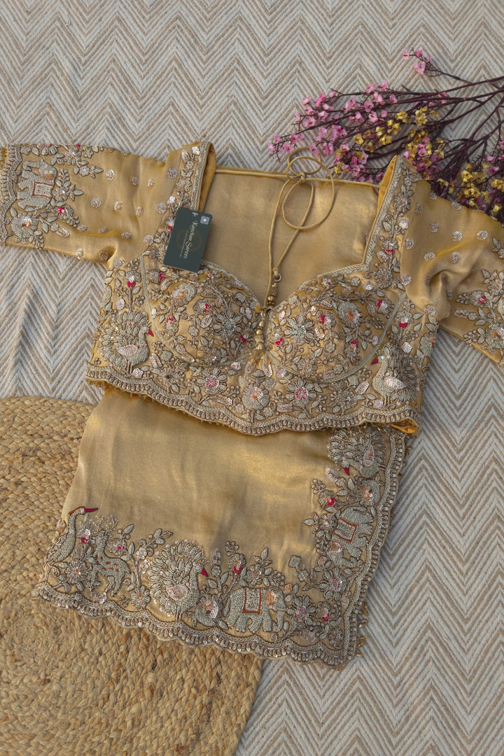 Golden Tissue Saree Embellished With Moti, Zari, Sequins & Cut Dana Work