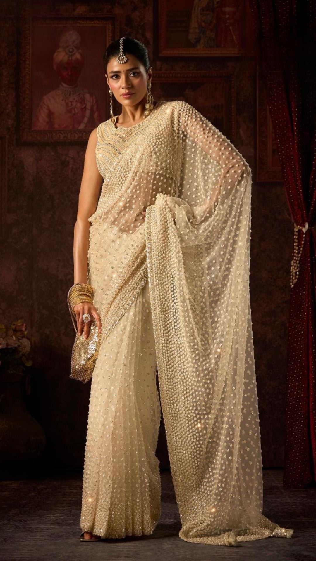 Cream Net Saree With Beads, Sequins and Moti Work
