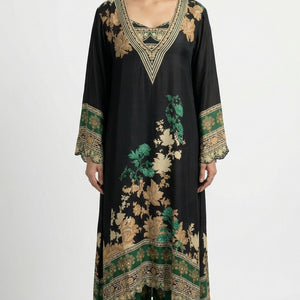 Black Crepe Coord Set with Digital Print & Mirror