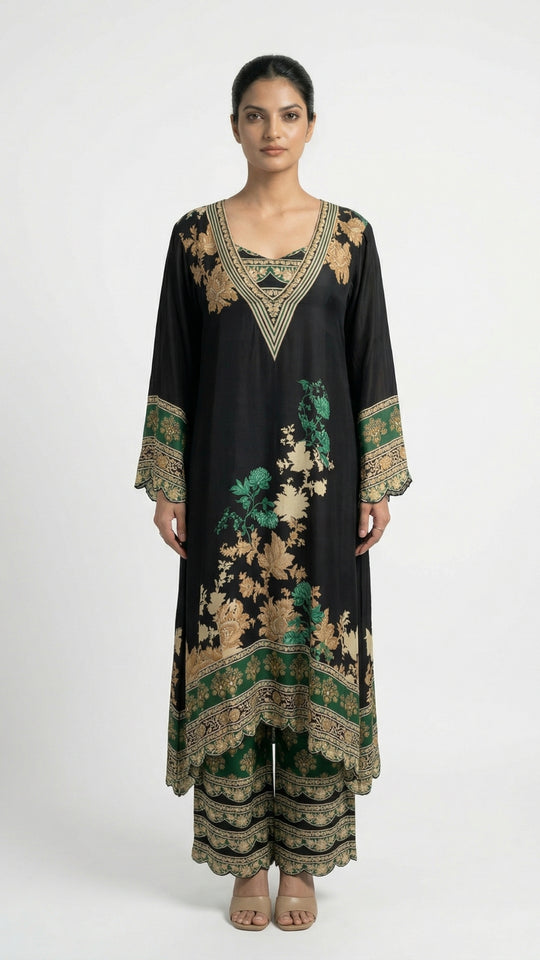 Black Crepe Coord Set with Digital Print & Mirror