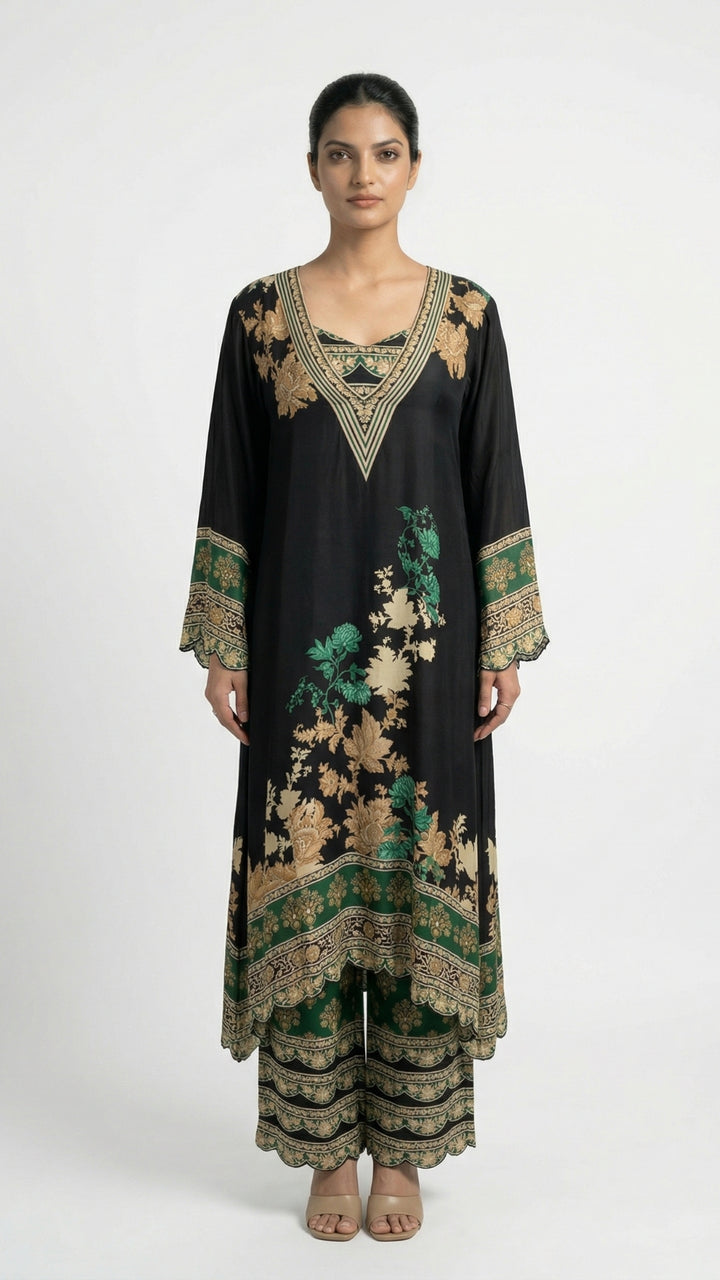 Black Crepe Coord Set with Digital Print & Mirror