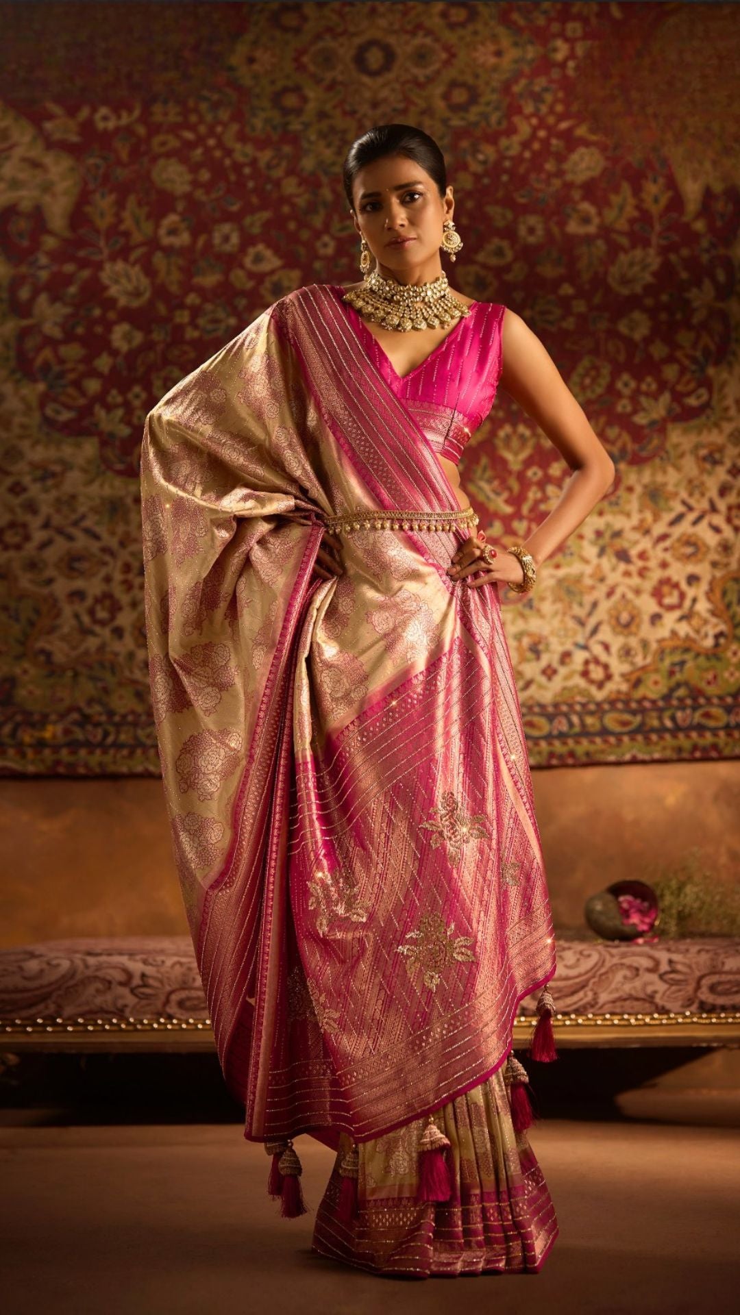 Pink and Beige Kanjiviram Silk Saree With Zarkan and Swarovski Work
