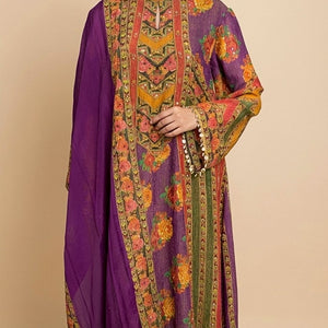 Purple Wrinkle Tissue Digital Printed Suit with Mirror Detailing and Palazzo
