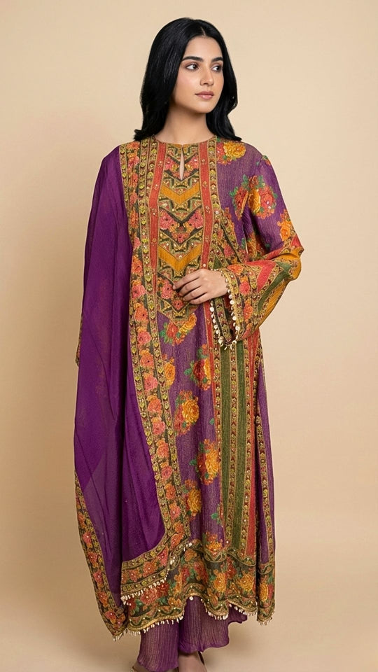 Purple Wrinkle Tissue Digital Printed Suit with Mirror Detailing and Palazzo
