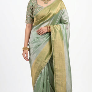 Sage Green Silk Saree with Stitched Blouse and Zari, Cutdana & Sequins Work