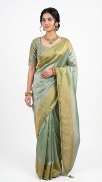 Sage Green Silk Saree with Stitched Blouse and Zari, Cutdana & Sequins Work
