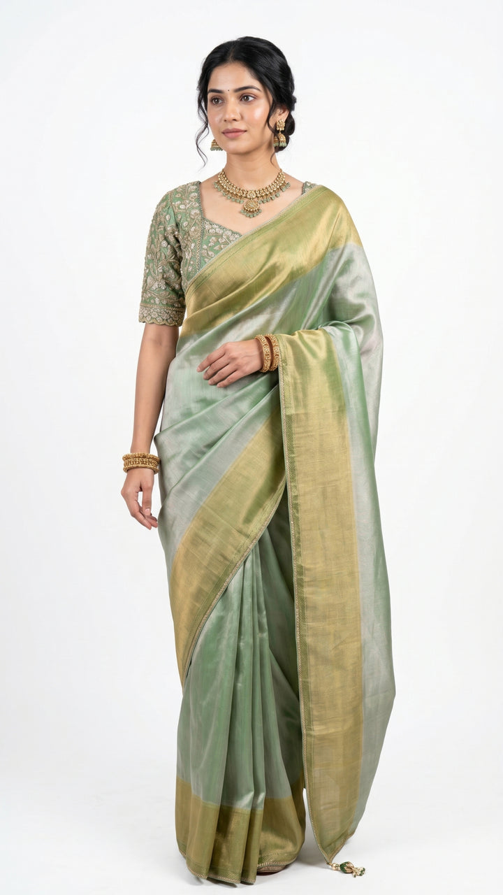Sage Green Silk Saree with Stitched Blouse and Zari, Cutdana & Sequins Work