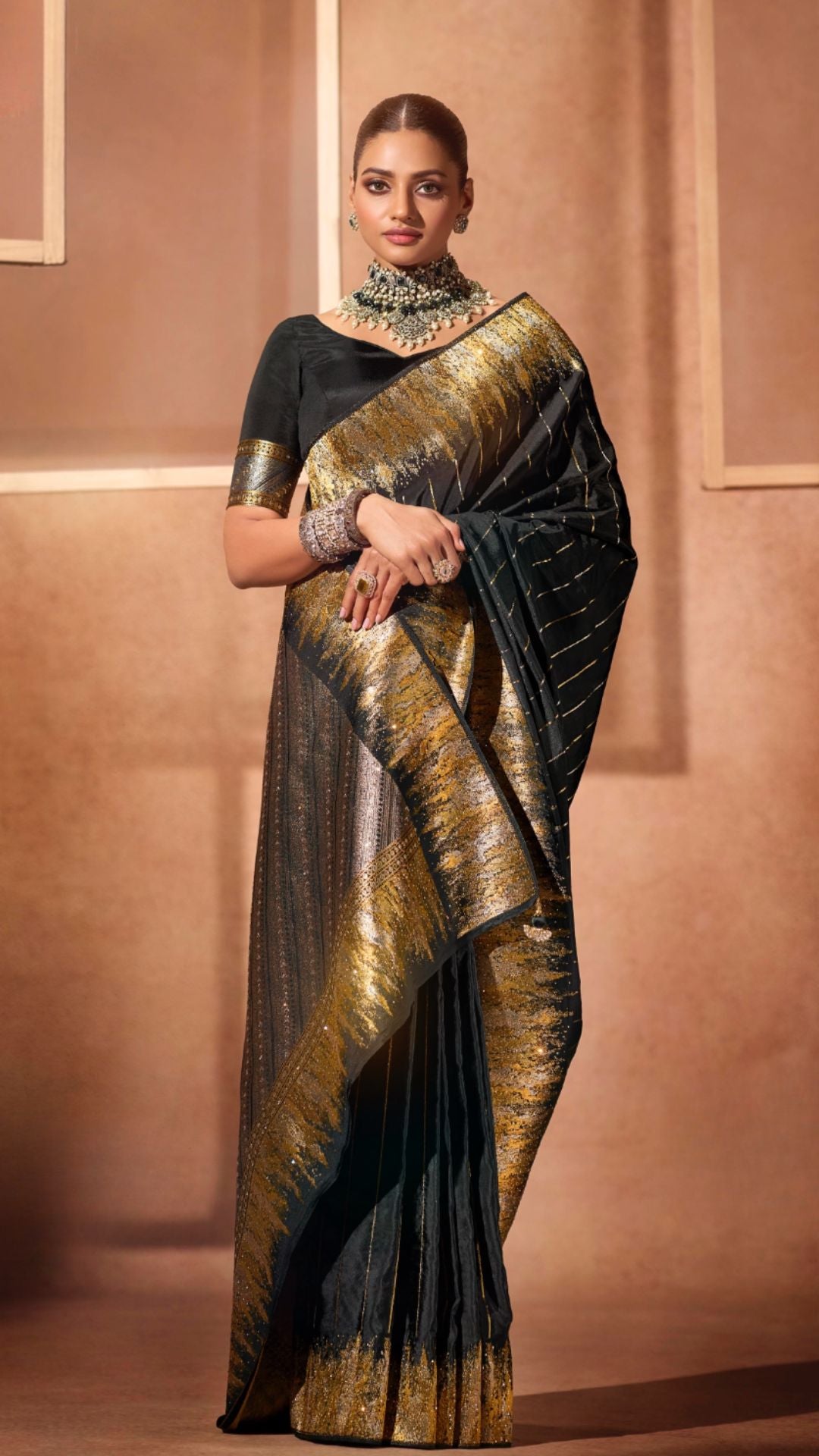 Black Silk Satin Saree with Swarovski Work