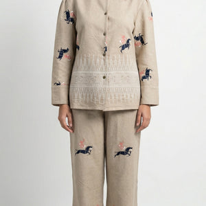 Beige Jute Coord Set with Thread Work Detailing