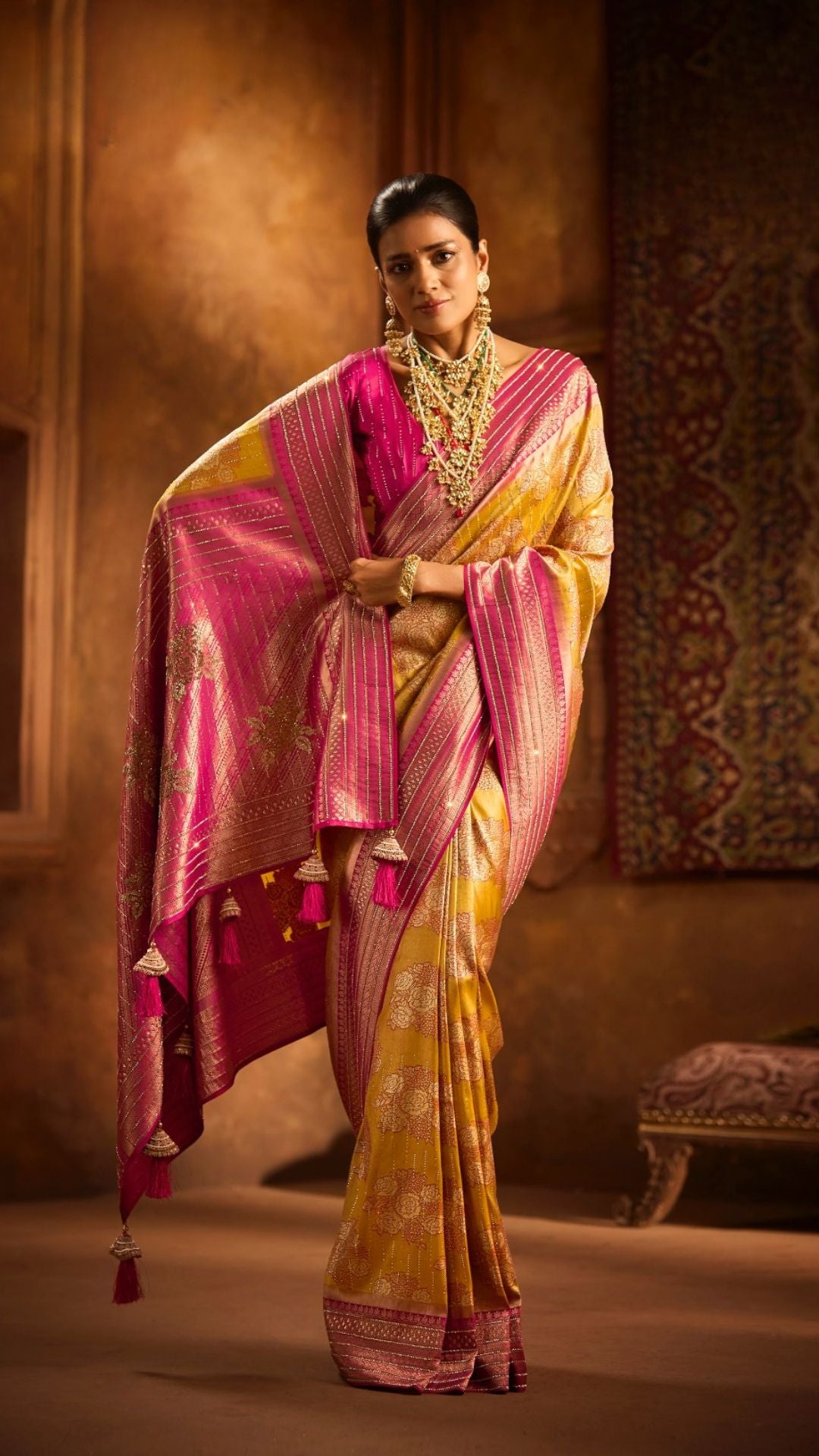 Pink and Mustard Kanjiviram Silk Saree With Zarkan and Swarovski Work