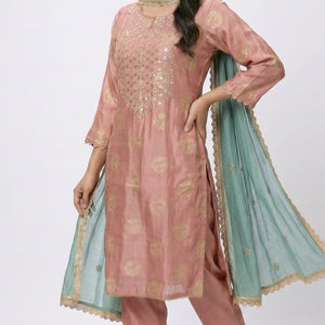 Pink Banarasi Tissue Suit with Mirror, Dabka & Moti Detailing