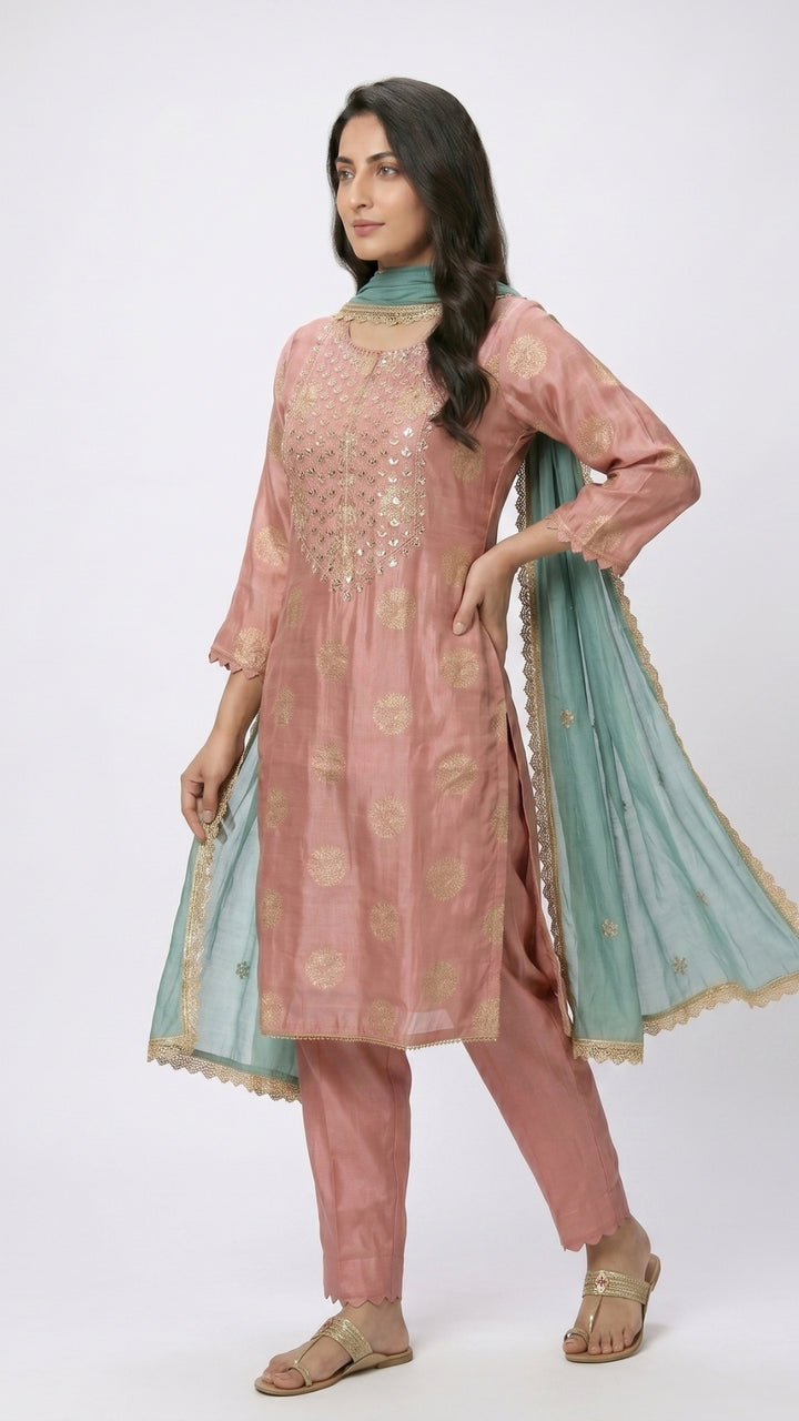 Pink Banarasi Tissue Suit with Mirror, Dabka & Moti Detailing