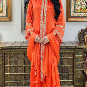 Orange Chinon Indowestern Top,Bottom and Dupatta with Swarovski,Sequins and Pearl Work
