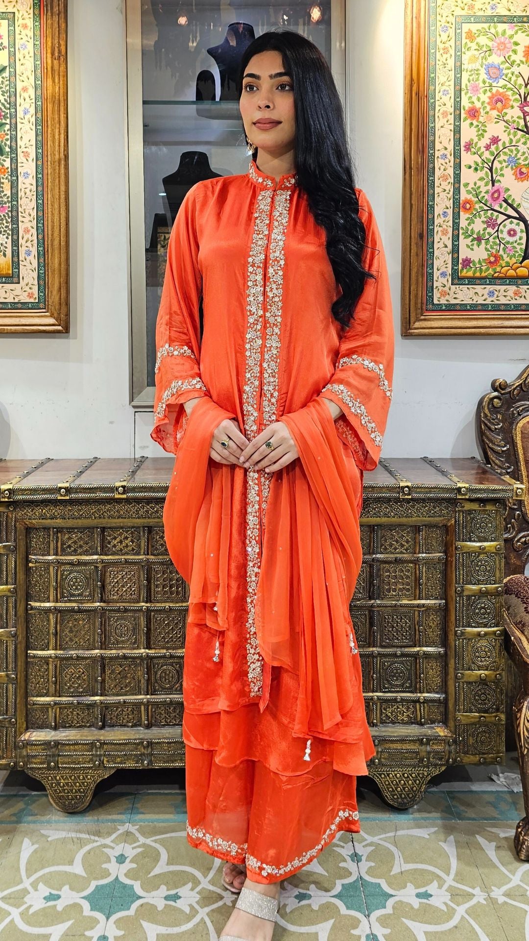 Orange Chinon Indowestern Top,Bottom and Dupatta with Swarovski,Sequins and Pearl Work