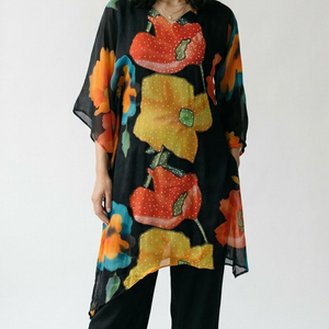 Black Chinon Coord Set with Sequins and Moti Work