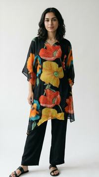 Black Chinon Coord Set with Sequins and Moti Work