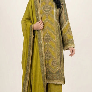 Mehandi Green Wrinkle Tissue Digital Printed Suit with Mirror Detailing and Palazzo