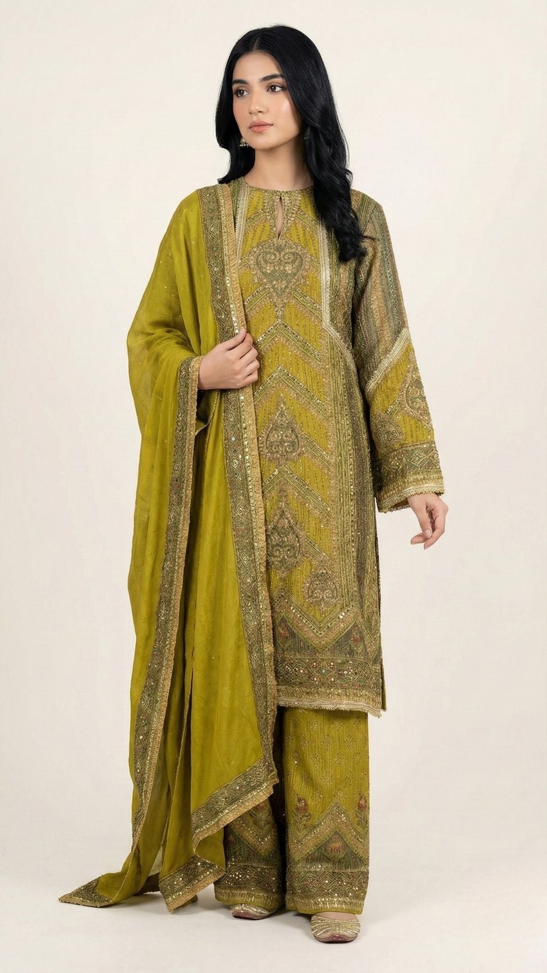 Mehandi Green Wrinkle Tissue Digital Printed Suit with Mirror Detailing and Palazzo